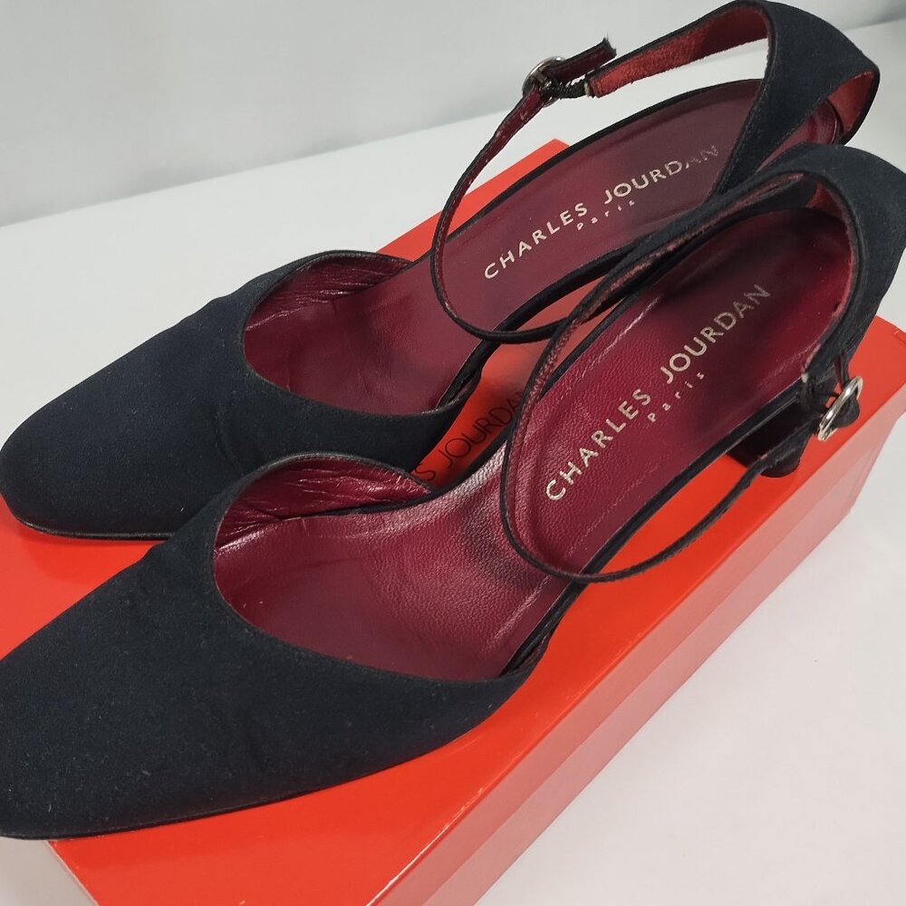 Charles Jourdan Black Leather Suede Ankle Strap Heels Size M 10 Vintage